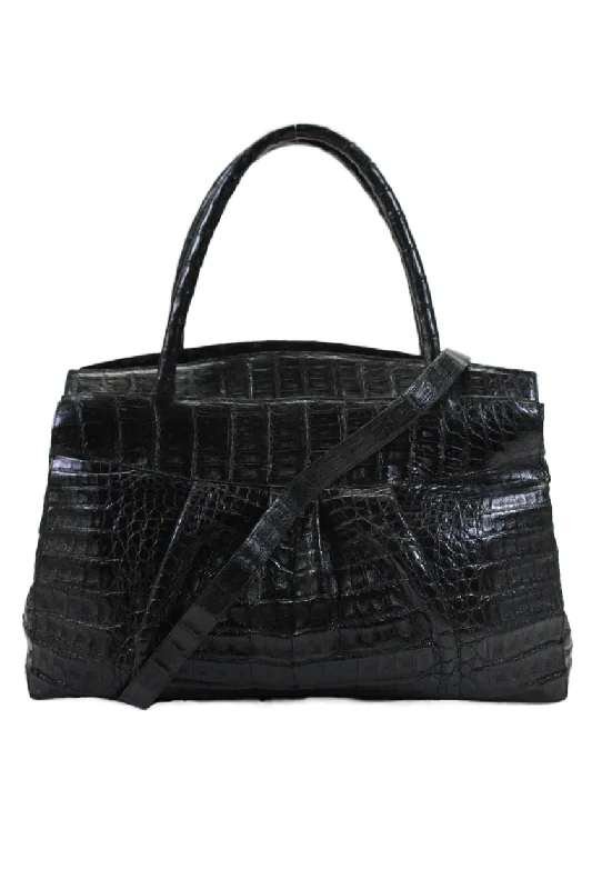 Nancy Gonzalez Womens Crocodile Skin Gold Tone Magnet Shoulder Handbag Black