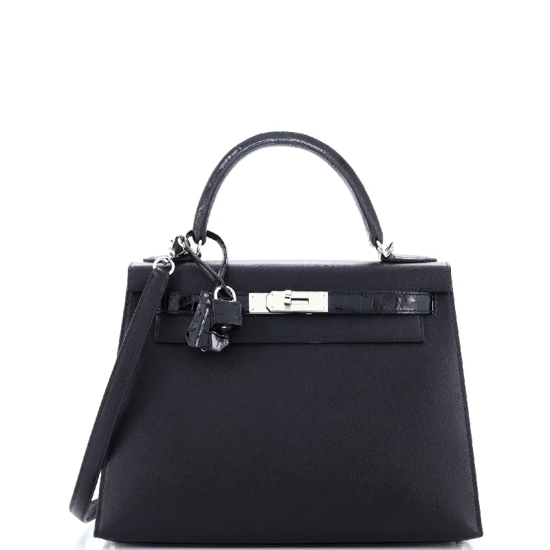 Touch Kelly Handbag Noir Madame with Shiny Niloticus Crocodile and Palladium Hardware 28