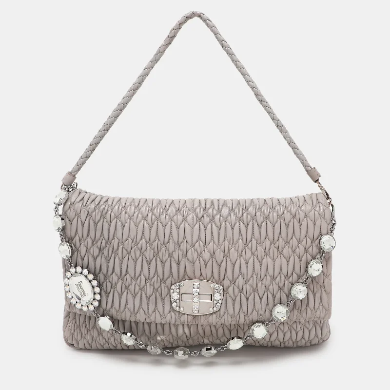 Miu Miu Grey Matelassé Nappa Leather Crystal Shoulder Bag