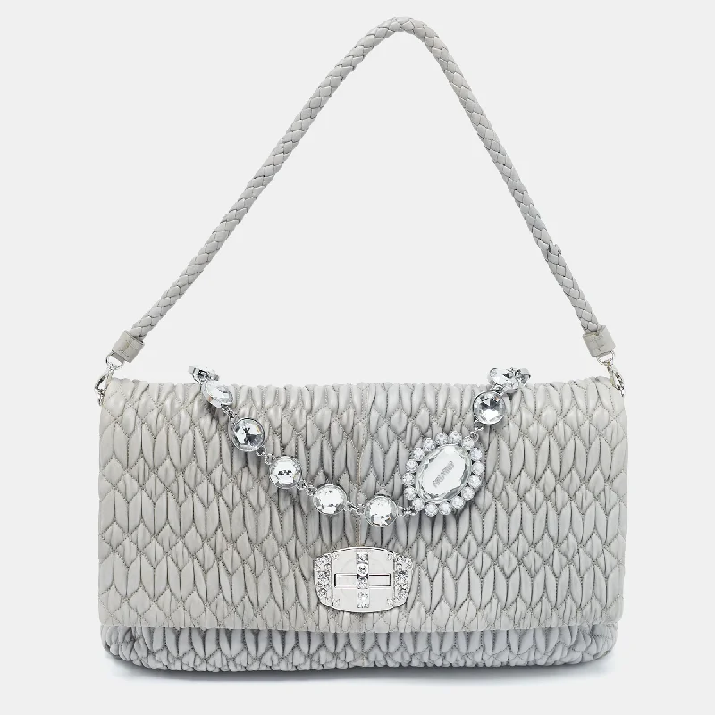 Miu Miu Grey Matelassé Leather Crystal Cloqué Flap Shoulder Bag