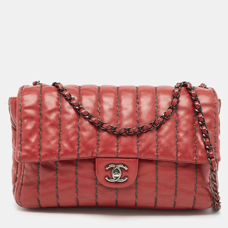 Chanel Dark Red Vertical Stitch Leather Jumbo Single Flap Bag