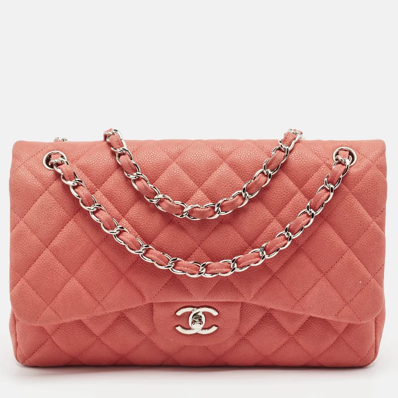 Chanel Coral Pink Caviar Leather Jumbo Classic Double Flap Bag