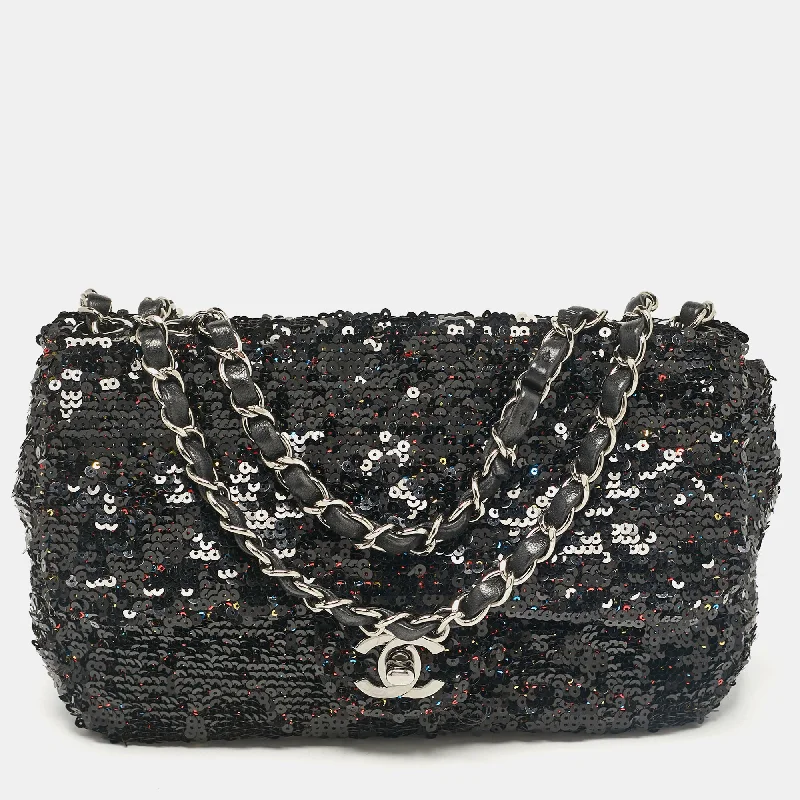 Chanel Black Leather And Sequins Classic Single Flap Flap Bag