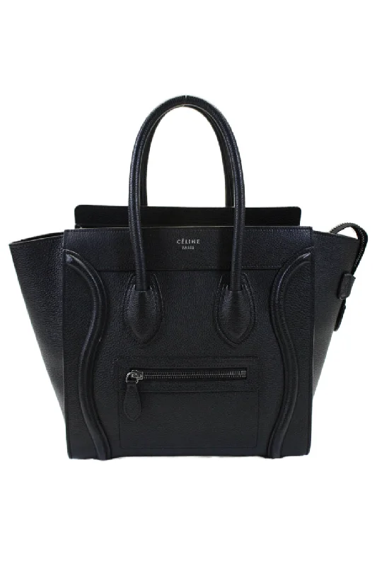 Celine Womens Zip Top Grain Leather Luggage Mini Tote Handbag Black