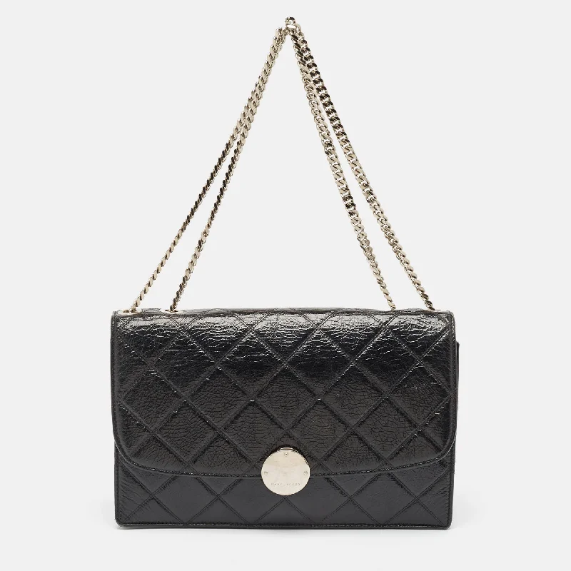 Marc Jacobs Black Glossy Quilted Leather Trouble Flap Shoulder Bag