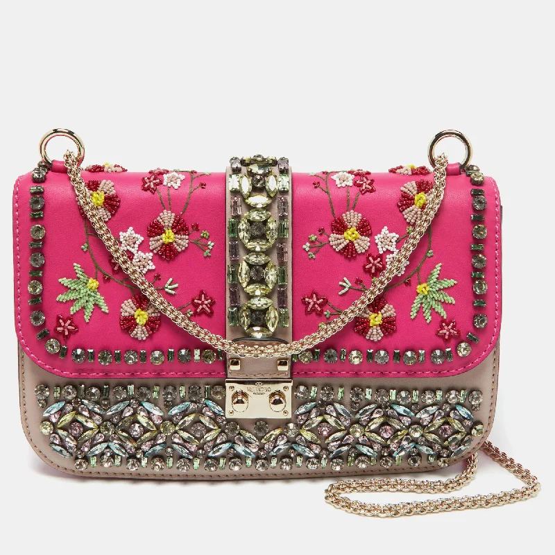 Valentino Pink/beige Leather Medium Embellished Glam Lock Flap Bag