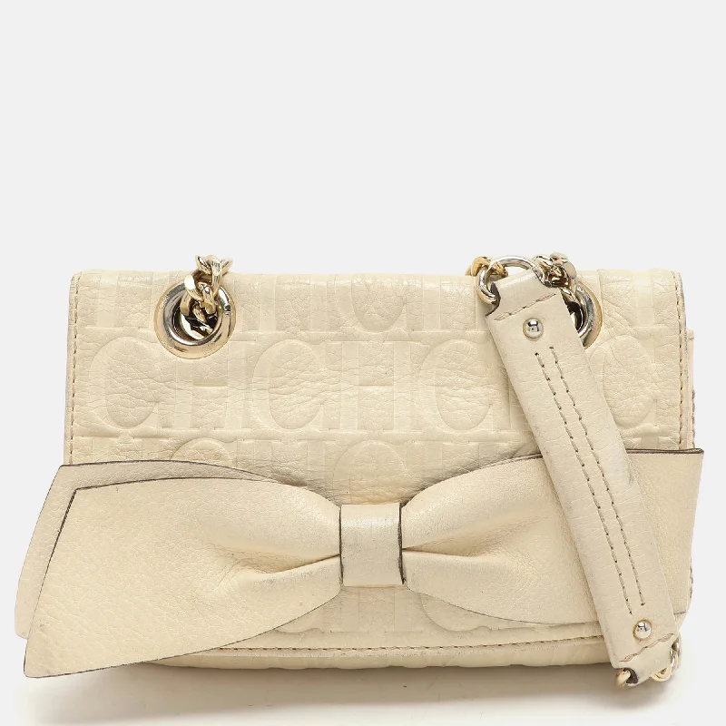 Ch Carolina Herrera Cream Monogram Leather Audrey Shoulder Bag