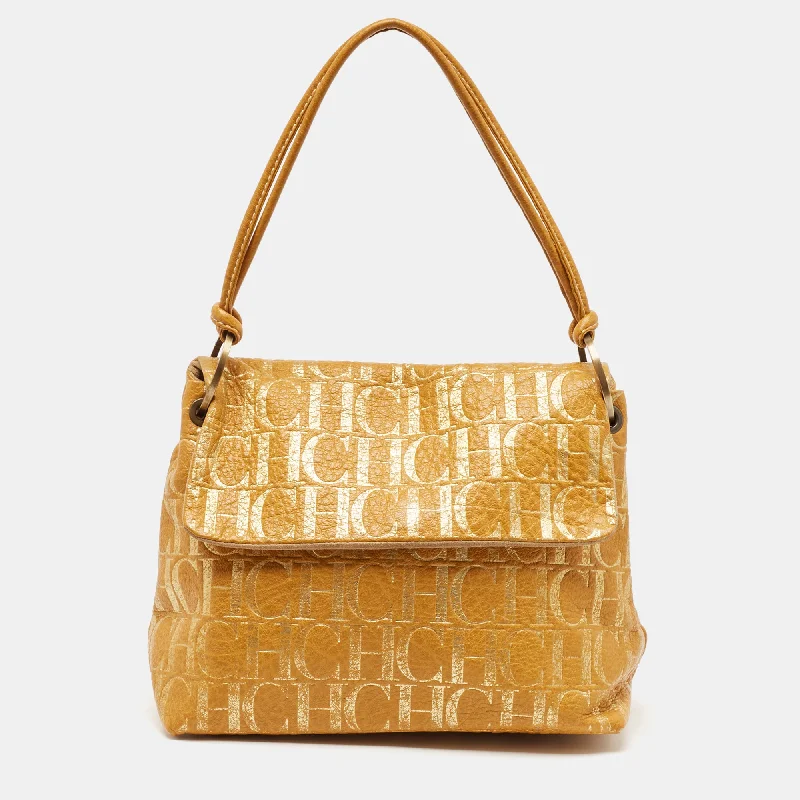 Ch Carolina Herrera Yellow Monogram Embossed Leather Shoulder Bag