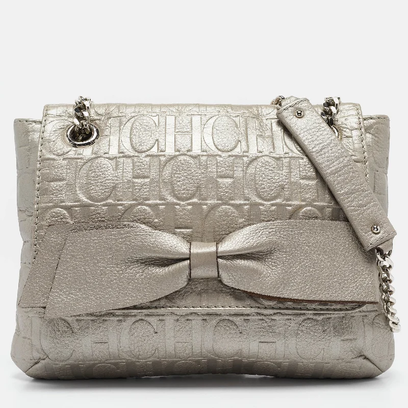 Carolina Herrera Silver Monogram Embossed Leather Audrey Shoulder Bag