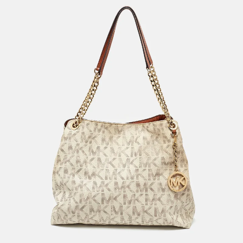 Michael Kors White Signature Coated Canvas Jet Set Shoulder Bag