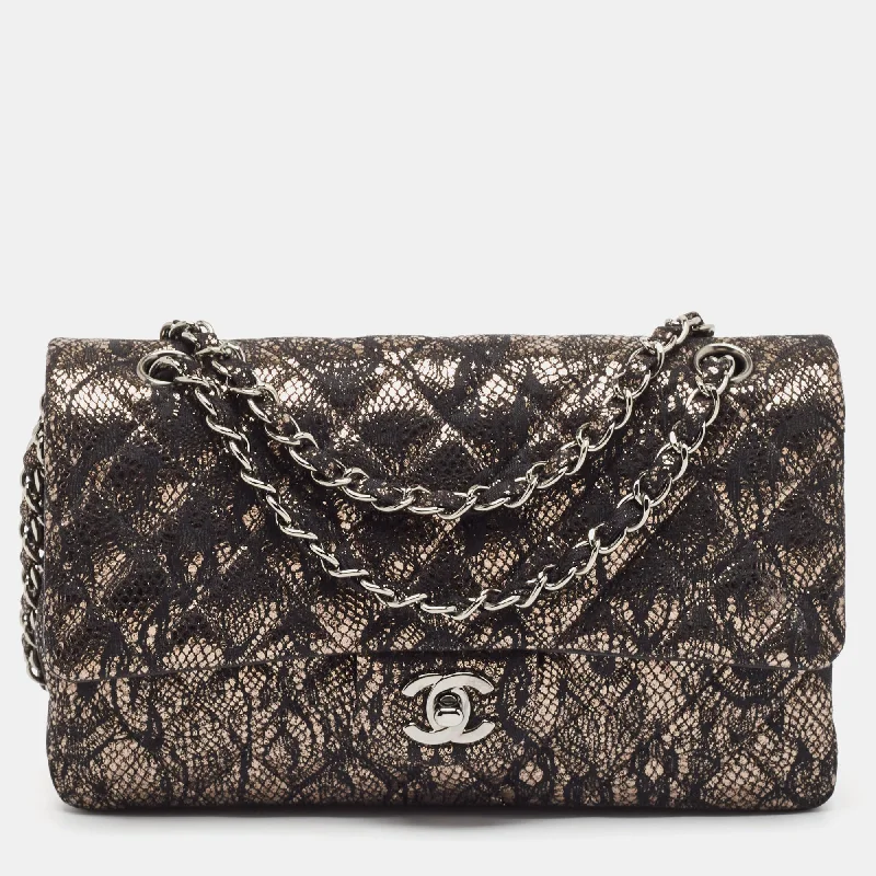 Chanel Black/metallic Quilted Lace Medium Classic Double Flap Bag