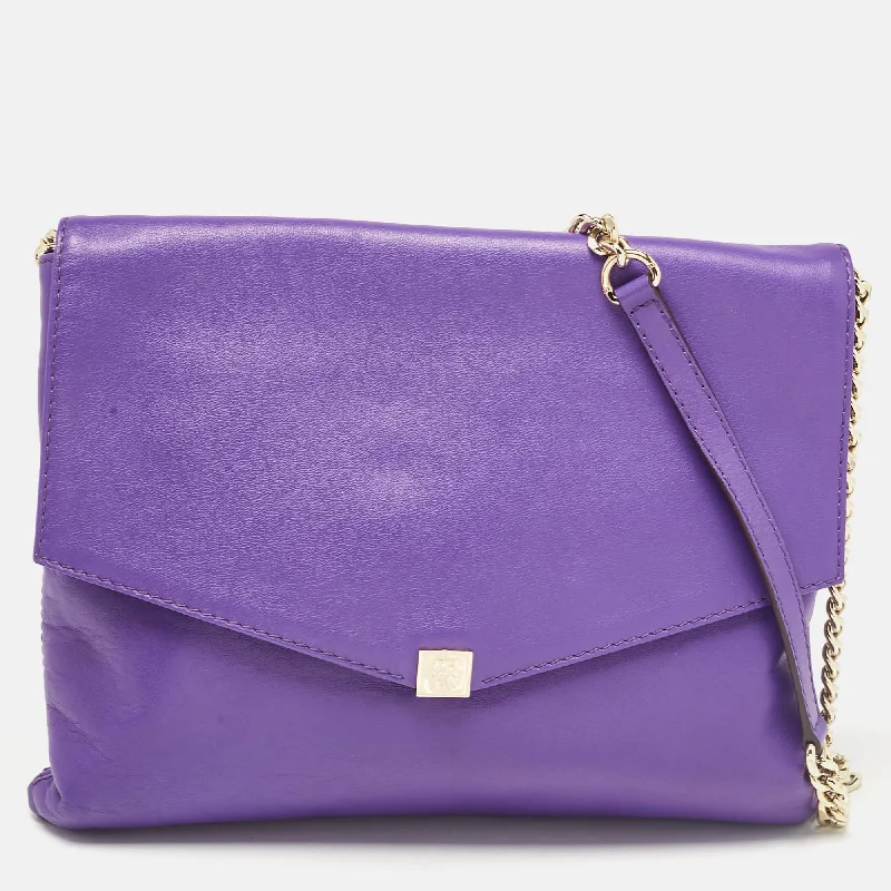 Ch Carolina Herrera Purple Leather Flap Shoulder Bag