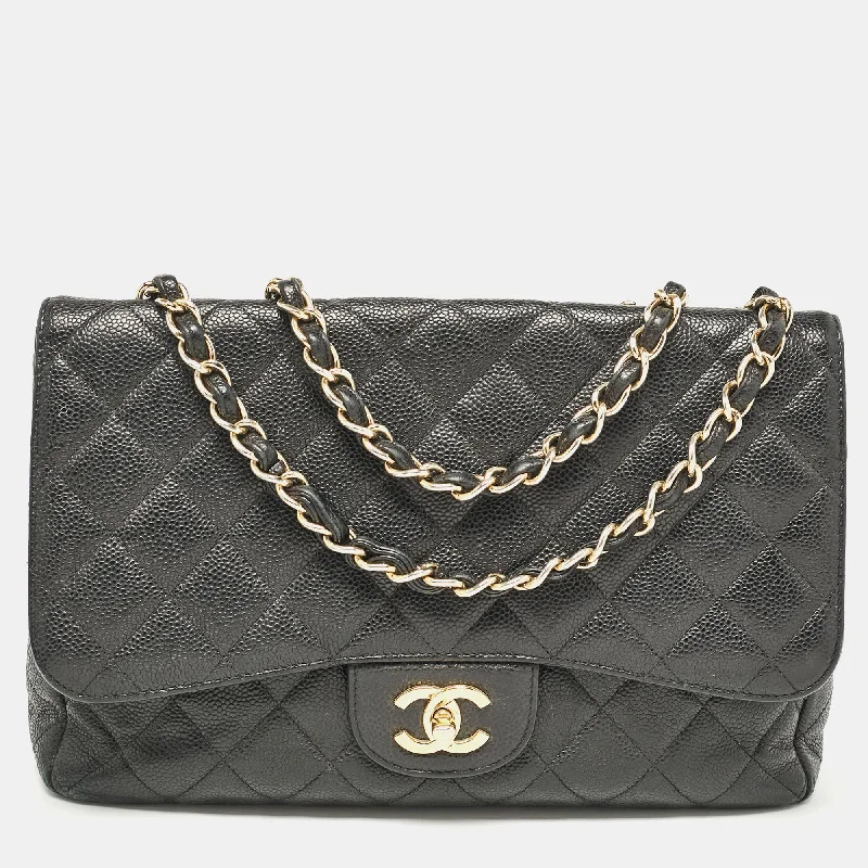 Chanel Black Quilted Caviar Leather Jumbo Classic Single Flap Bag