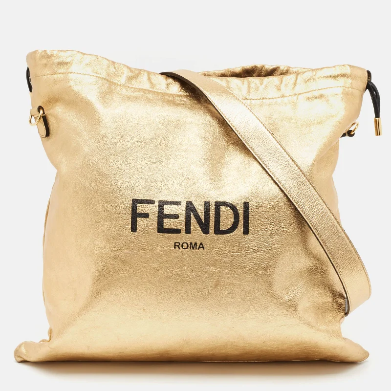 Fendi Gold Leather Logo Drawstring Shoulder Bag