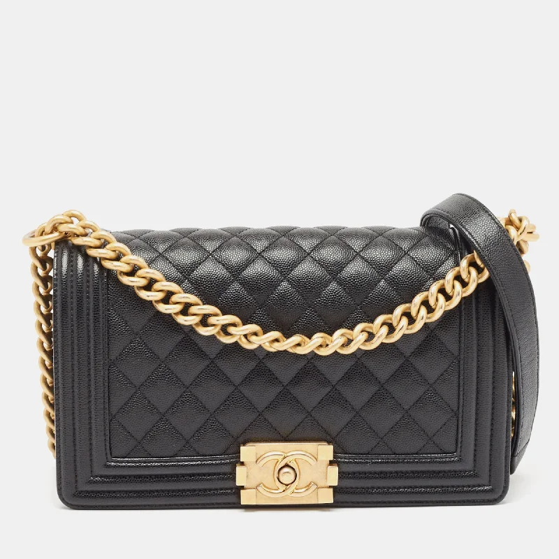 Chanel Black Quilted Caviar Leather Medium Boy Flap Bag