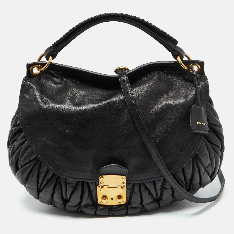 Miu Miu Black Matelassé Leather Front Flap Hobo