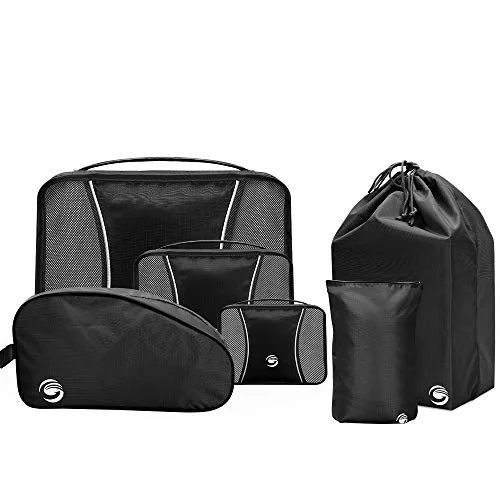 6 Set Packing Cubes, Travel Luggage Packing Organizers with Shoes Bag & Laundry Bag (Black)