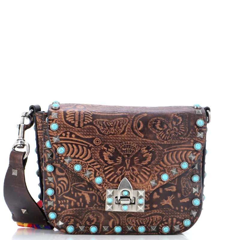 Rolling Rockstud Crossbody Bag Santeria Embossed Leather with Cabochons Small