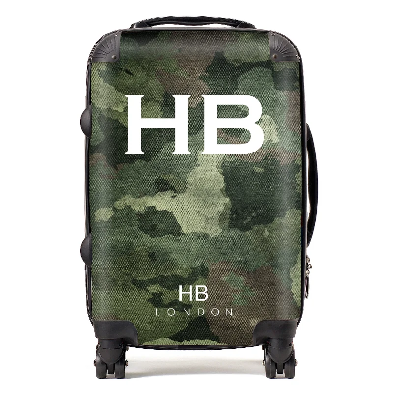 Personalised Dark Green Camouflage with White Font Initial Suitcase