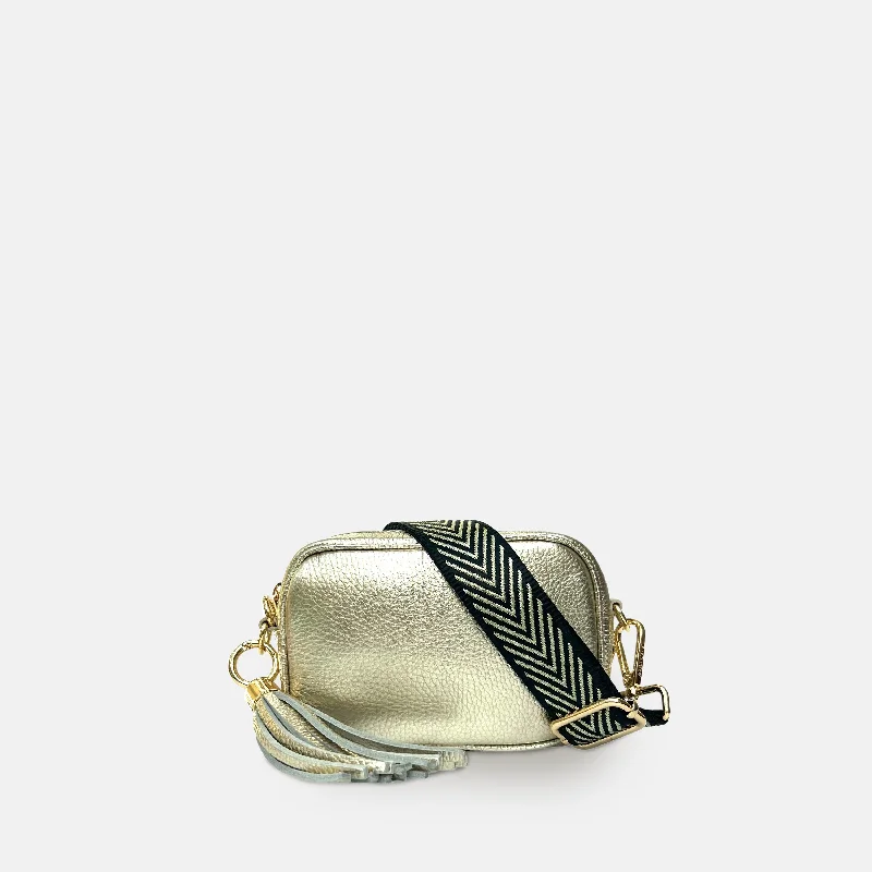 The Mini Tassel Gold Leather Phone Bag With Black & Gold Chevron Strap