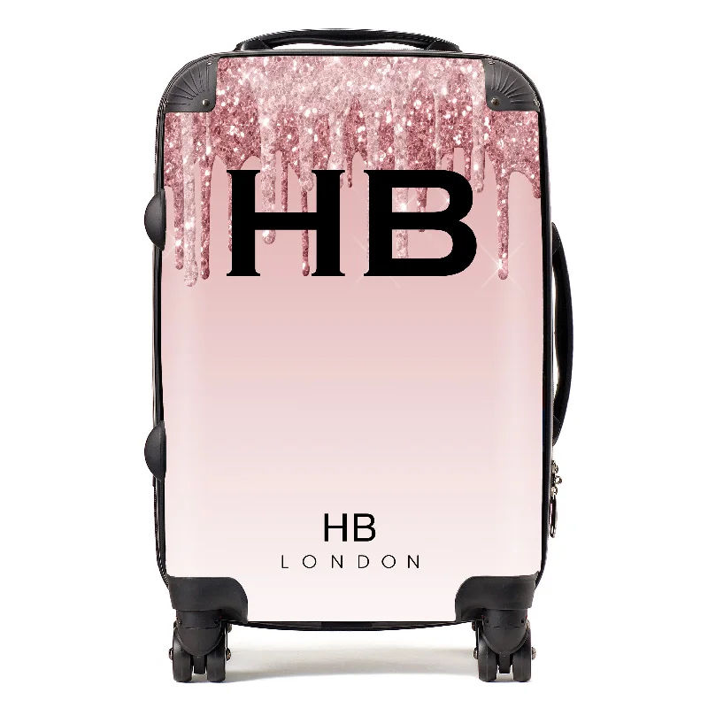 Personalised Pink Drip Glitter Effect with Black Font Initial Suitcase