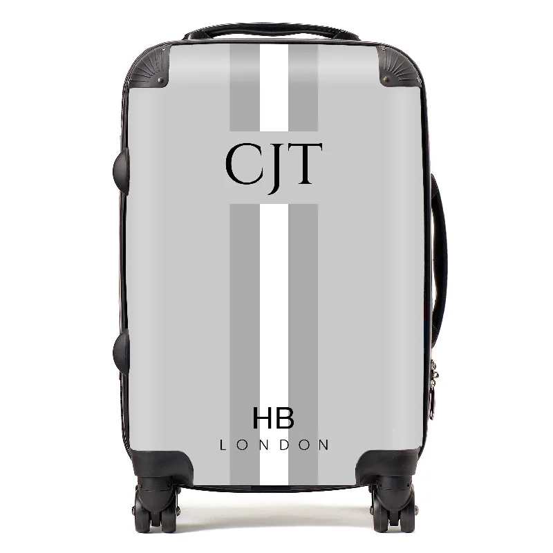 Personalised Grey, White and Grey Stripe with Black Font Initial Suitcase