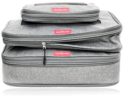 LeanTravel Compression Packing Cubes Luggage Organizers for Travel W/Double Zipper (3) Set (Grey)