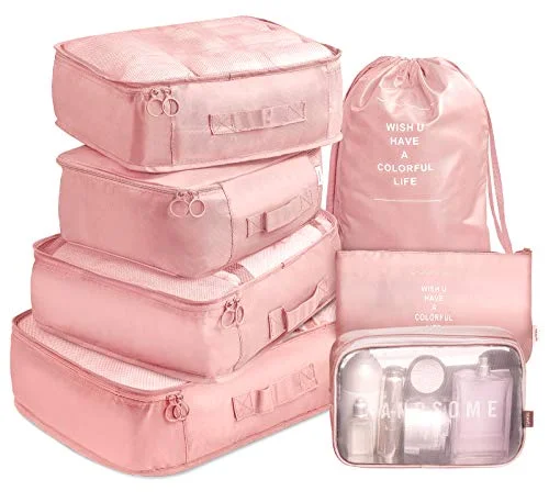 Packing Cubes 7 Set Lightweight Travel Luggage Organizers with Laundry Bag or Toiletry Bag (PINK)