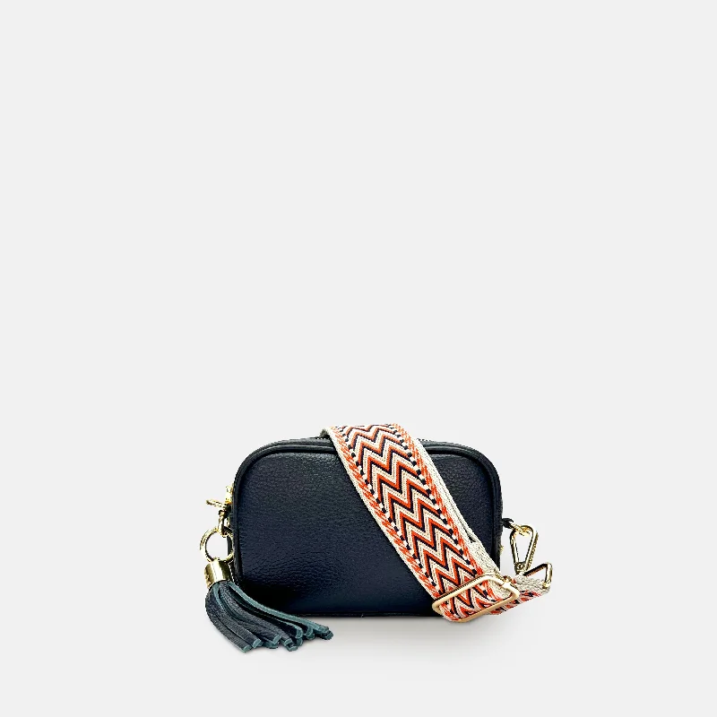 The Mini Tassel Navy Leather Phone Bag With Grey Boho Strap