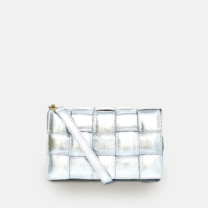 Silver Padded Woven Leather Crossbody Bag