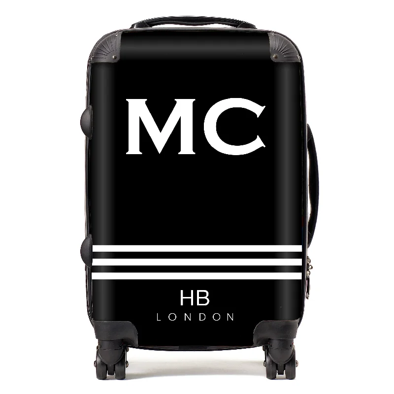 Personalised Black with White Stripes and White Font Initial Suitcase