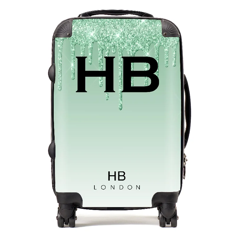 Personalised Green Drip Glitter Effect with Black Font Initial Suitcase