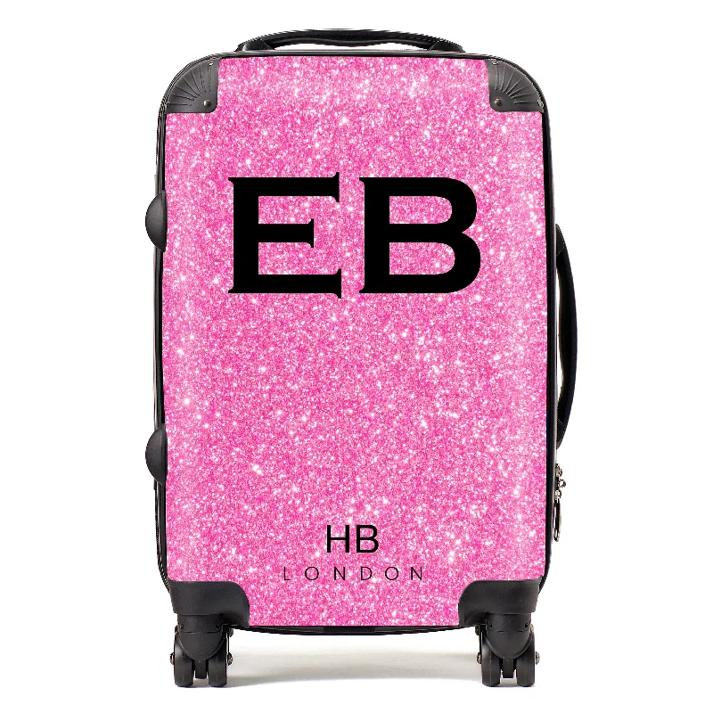 Personalised Pink Glitter Effect with Black Font Initial Suitcase