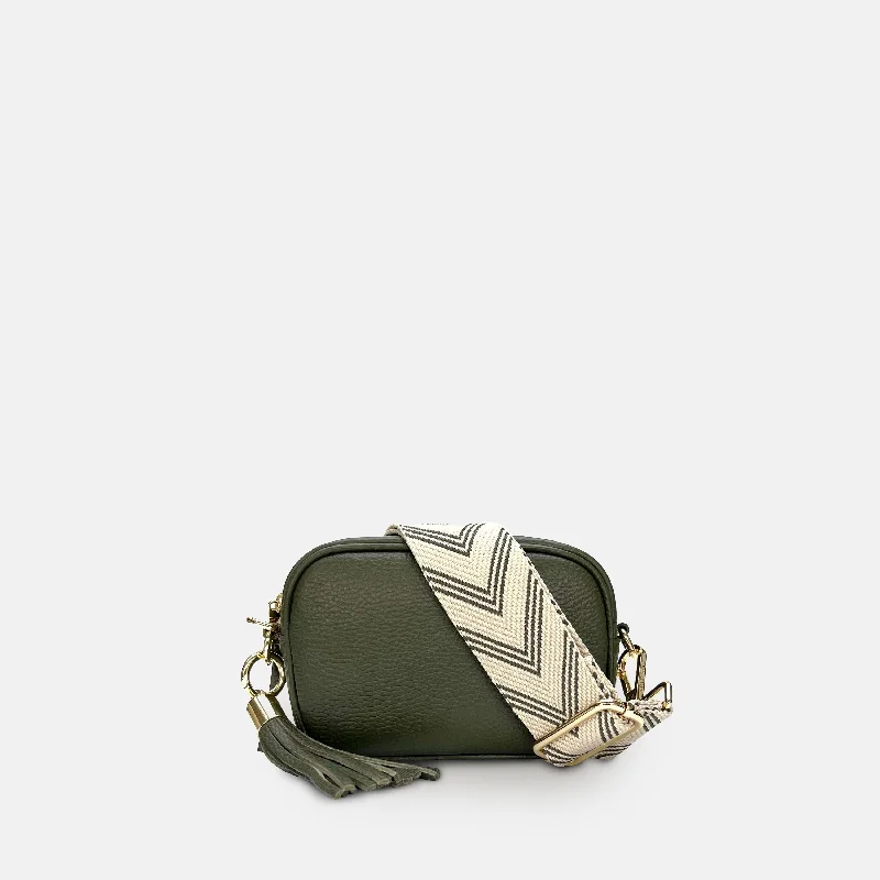 The Mini Tassel Olive Green Leather Phone Bag With Olive Green Arrow Strap