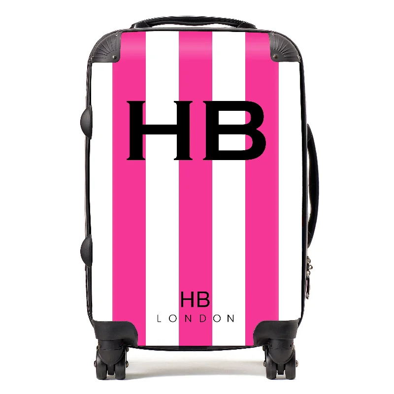 Personalised Hot Pink and White Stripe with Black Font Initial Suitcase