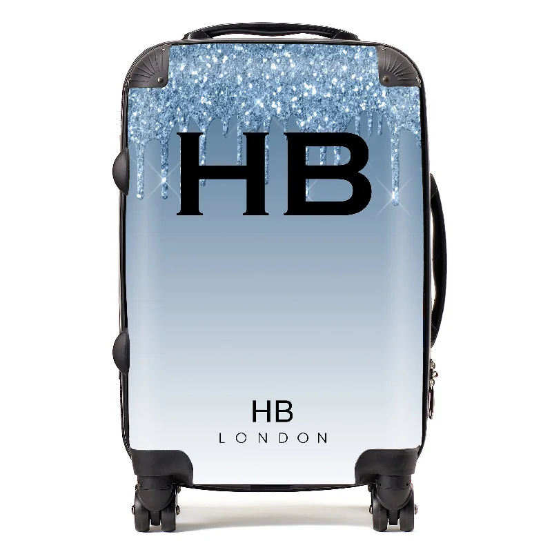 Personalised Blue Drip Glitter Effect with Black Font Initial Suitcase