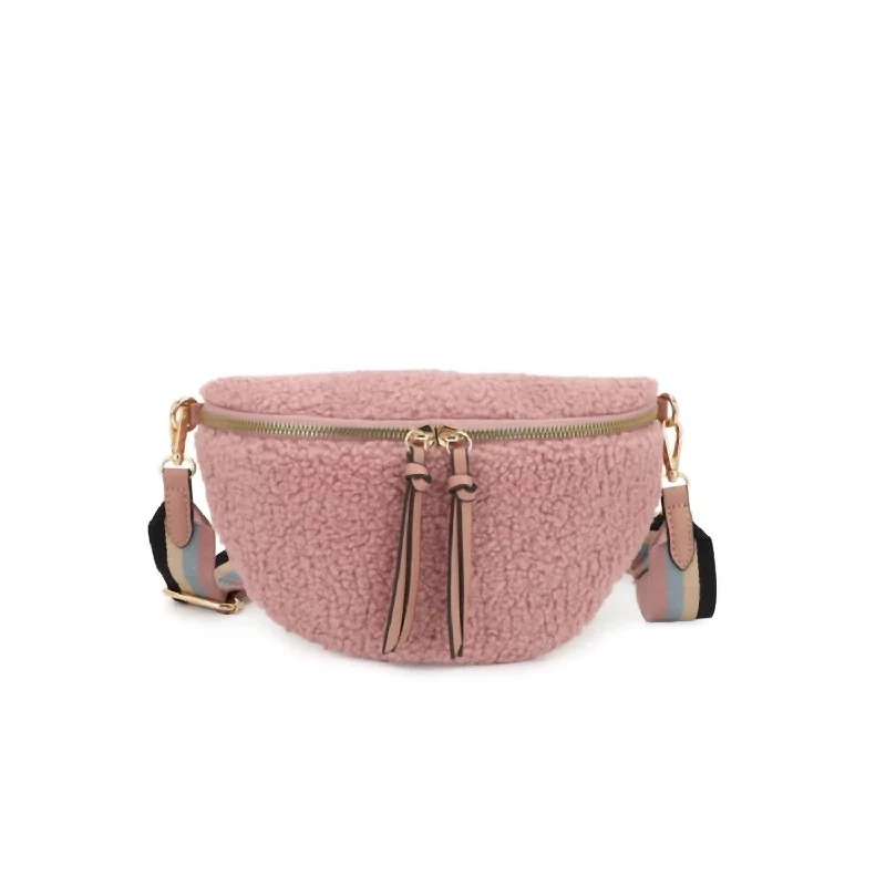 Moon Shaped Faux Shearling Belt Bag In Pink