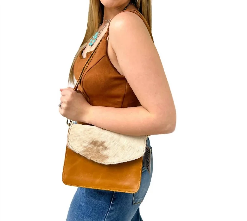 Genuine Leather Cowhide Small Crossbody Bag In Camel/light Brown/white