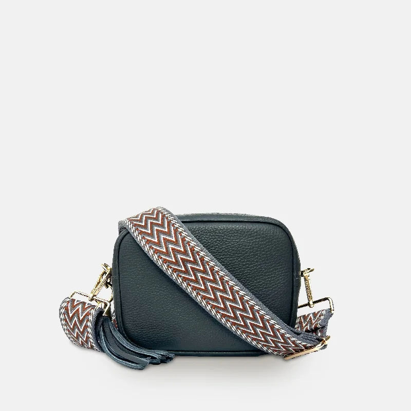 Dark Grey Leather Crossbody Bag With Tan Boho Strap