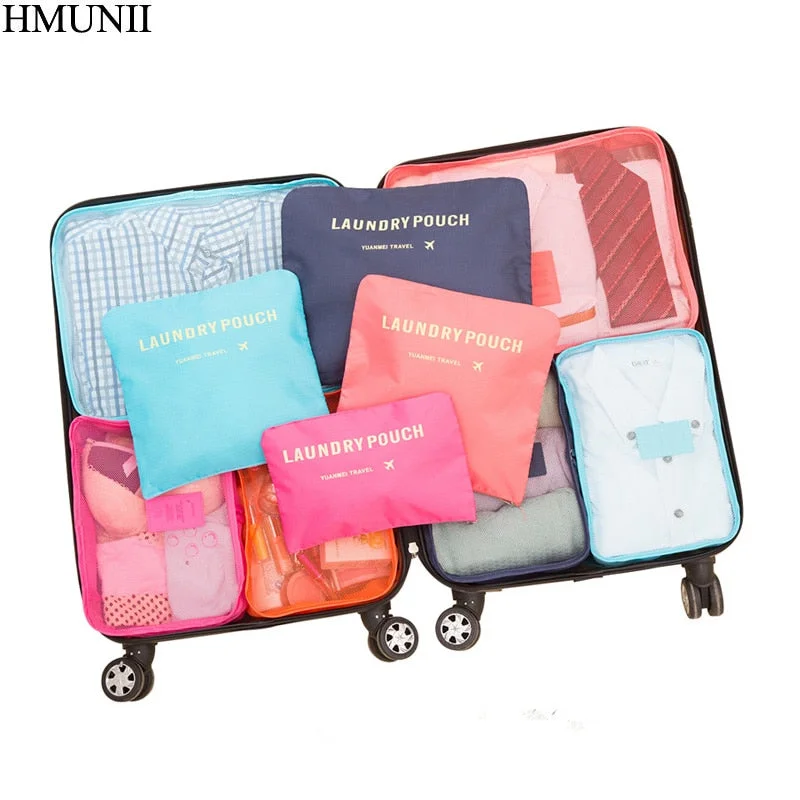 HMUNII New 6PCS/Set High Quality Oxford Cloth Travel Mesh Bag In Bag Luggage Organizer Packing Cube