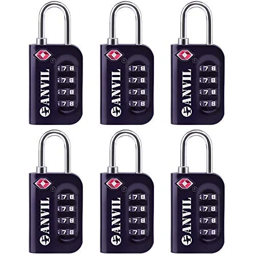 TSA Approved Luggage Lock - 4 Digit Combination padlocks with a Hardened Steel Shackle - Travel Locks for Suitcases & Baggage (BLACK 6 PACK)